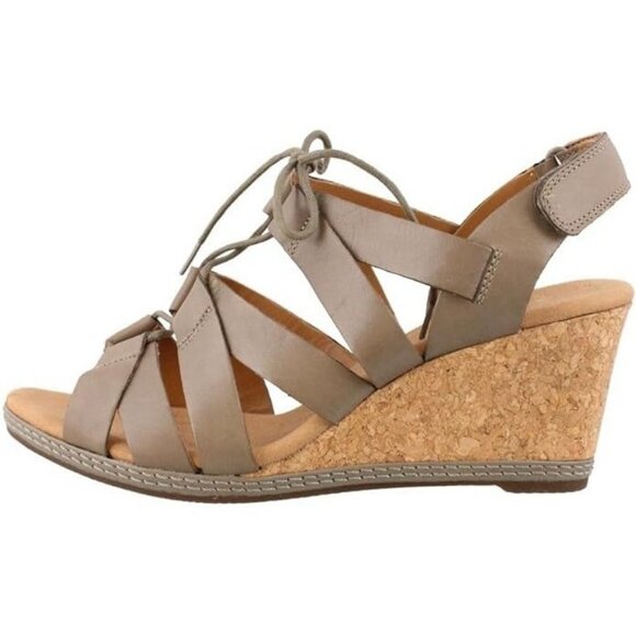 Clarks Helio Mindin Wedge Sandals Womens 10 Taupe Cork Strappy Open Toe Comfort - Picture 1 of 14
